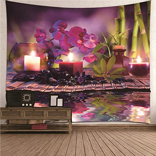 Aotiwe Tapisserie Wandbehang, Wanddekoration Rustikal Zen Theme Kerze Blume und Bambus aus Polyester Farbenreich 150X130Cm