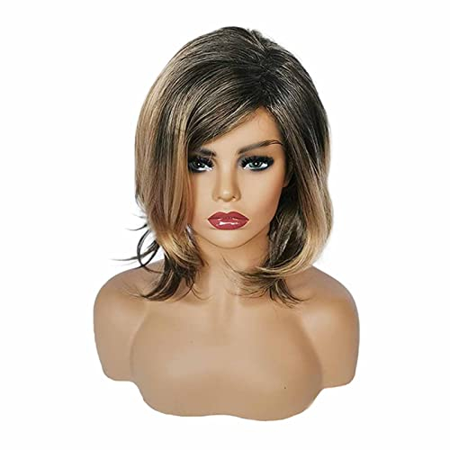 JIN TONG Kurze ​Locken Perücken für Damen Synthetische Perücke Braun Perücken mit Pony hitzebeständig locker gewellt für das tägliche Leben und Cosplay