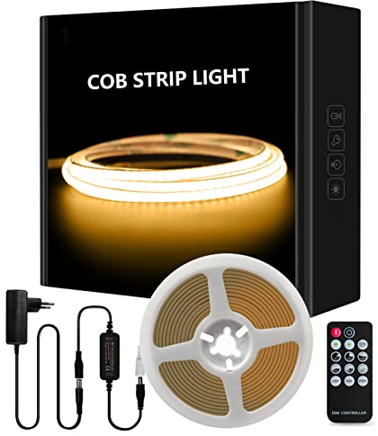 Tayire COB LED Streifen Warmweiß 3000K Set, DC24V Schneidbar LED Strip 5m 480LEDs/M,CRI90+ 4mm Biegbar LED Band Hohe Helligkeit LED Lichtband für drinnen Schrank Schlafzimmer Küche TV DIY