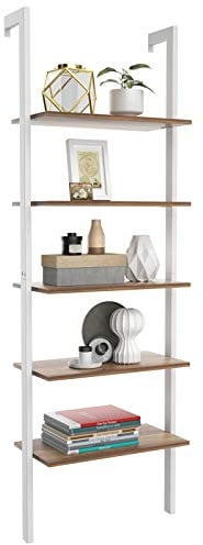 COSTWAY Estantería en Escalera de Pared Librería con 5 Estantes Marco de Metal para Salón Dormitorio Baño Terraza 30 x 61 x 183 cm (blanco)