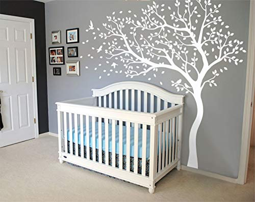 Sticker mural grand arbre vinyle autocollant arbre soufflant dans le vent décalque mural pour chambre d'enfant 98 (Branches à gauche, Blanc)