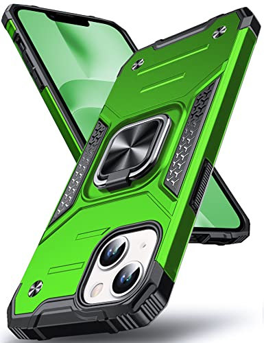 DASFOND Armor Hülle für iPhone 14/13 Case Militär Stoßfest Handyhülle [Upgrade 2.0] 360 Grad Metal Ring Halter Ständer Schutzhülle [für Auto Magnet], Grün