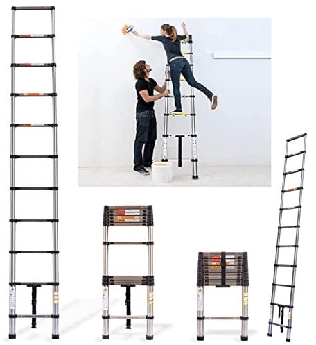 Telescoping Ladder, Portable Telescopic Extension 3.2M Tall Multi Purpose Loft Ladder, Folding Retractable Library Ladder with Adjustable Step for Roof Work, Window Cleaning, Indoor Decorating