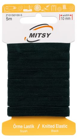 MITSY Cinta elástica resistente para coser, ancho de 10 mm, 5 m, color negro, para goma de pantalones, hogar, manualidades, telas para costura