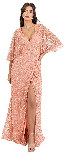 Maya Deluxe Damen Womens Maxi Ladies Sequin Embellished Wrap A-Line Dress for Wedding Guest Bridesmaid Evening Prom Ball Occasion Kleid, Apricot Blush, 44