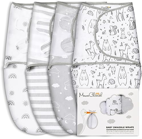Mama Cheetah Pucksack für Babys, Decke aus Bio-Baumwolle, verstellbar, einfaches Wickeln, für Jungen und Mädchen, 0-3 Monate, Essentials für Babys, 4 Stück