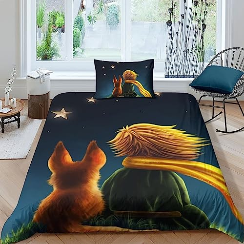 FGAITH Der kleine Prinz Bettwäsche-Set, 3D Drucken Animation, Set Mit Kissenbezug Und Bettbezug, Bettwäsche, Zipper Öffnen Und Schließen, Geschenke Für Kinder Single(135x200cm)