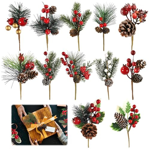 TZQFROCE 12 Stück Weihnachtsbeeren Künstliche Beerenzweige Weihnachtsbeeren Künstliche Rote Beeren mit Kiefernzweige und Tannenzapfen für Urlaub Basteln Weihnachtsbaum Kranz