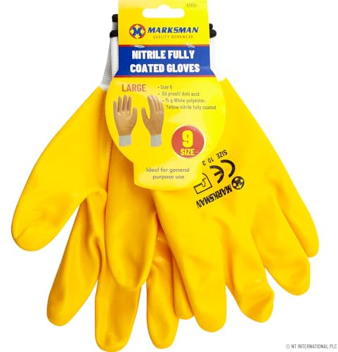 Pack Of 12 Heavy Duty Non-Slip Safety PVC Work Gloves - Polyester Shell Resistant Nitrile Coating, Secure Grip On Palm & Fingers | Suitable for Gardening, Builders, DIY Work | Yellow & White (Large)