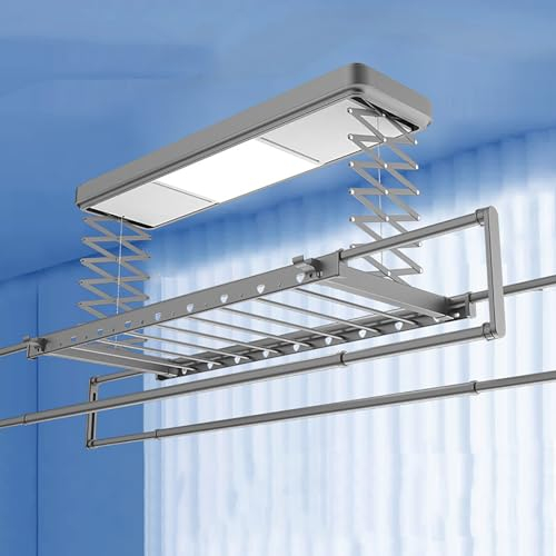 Tendedero EléCtrico, Tendedero De Techo para Ropa, Altura Y Longitud Ajustables, con Control Remoto, para Ropa De Pared Y Techo,Gris,12W Lighting