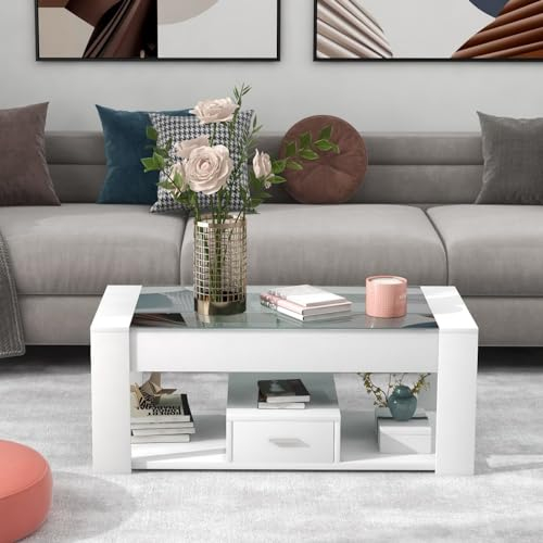 Sweiko Couchtisch,Moderner Kaffeetisch mit 1 Schubladen und Offenen Ablagen, Wohnzimmertisch Beistelltische mit Glasplatte,Rechteckiger Weiß Hochglanz-Sofatisch Sideboard