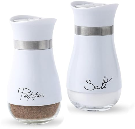 Set de 2 Salières et Poivrières en Acier Inoxydable et Verre, Salière et Poivrière de Qualité Supérieur, Pot a Sel Accessoires de Cuisine (Blanc)