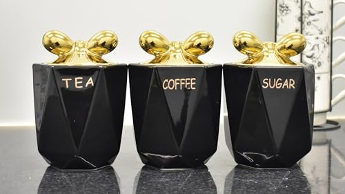 DEENZ Set of 3 Jars Gold Lid King Crown & Knot Kitchen Canister Jar For Tea Coffee Sugar Storage Pots Marble Effect Home Decor Dining Table Eye-Catching Glamorous Design (J044 Knot Lid Black)