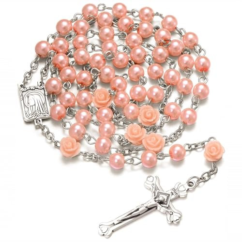 Kuesn Amethyst Catholic Rosary Necklace 6mm Pink Pearl Beads Rose Flower Cross Religious Necklace (Pink)