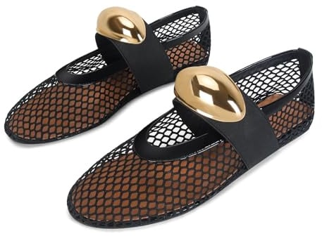DOEYG Black Mesh Ballet Flats for Women Round Toe Mesh Flats Ballet Shoes Buckle Strap Mesh Mary Jane Flats Comfy Casual Office Summer Fishnet Ballerina Flats Shoes Size 7
