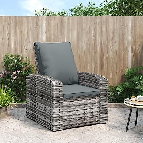 Homgoday Gartensessel Verstellbar mit Kissen Gartensessel Gartenstuhl Stuhl Sessel Stühle Balkonstuhl Terrassenstuhl mit Liegefunktion Gartenmöbel Grau Poly Rattan