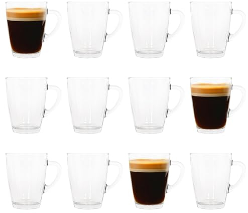 LAV 12x Clear 350ml Vega Glass Coffee Cups - Large Heat Resistant Tea Latte Cappuccino Hot Chocolate Drinking Mugs Glasses Set with Handle