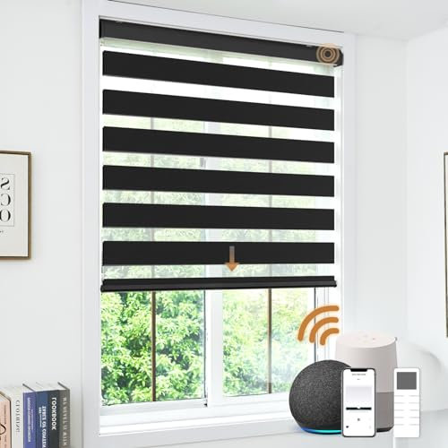 JOYENG Motorized Zebra Blinds Compatible with Alexa, Smart Dual Layer Shades with Privacy Light Control, Electric Horizontal Window Blind Customized Size for Home Office(Luxury Black)
