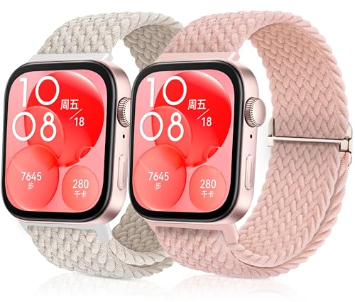 2-Stück Geflochtenes Bänder Kompatibel mit Huawei Watch Fit 4/4 Pro/Fit 3 Armband, Elastisch Nylon Armbänder Zubehör Weiches Stoff Uhrenarmband für Damen Herren,Sternenlicht+Rosa