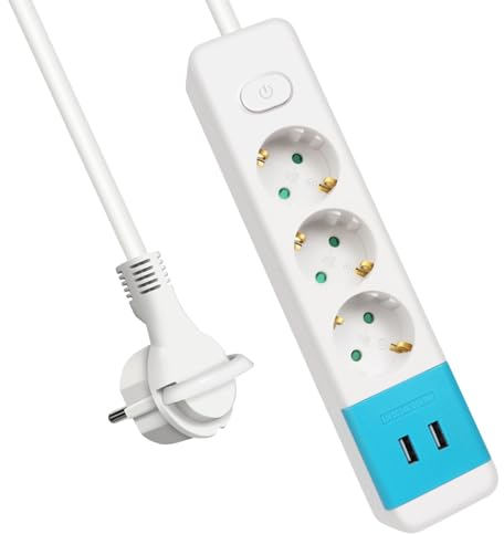 EXTRASTAR Flachstecker Mehrfachsteckdose 3-Fach, Steckdosenleiste mit 2 USB und Druckknopfschalter, Mehrfachsteckdose Flacher Stecker mit Kindersicherung und 1.5m Kabel für Büro und Zuhause, Weiβ