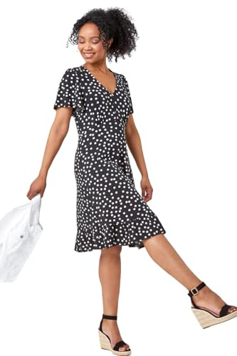 Roman Originals Tea Dress for Women UK Ladies Skater Swing Fit & Flare Flattering Summer Knee Length Frill Hem Ruched Chest Casual Smart Cocktail Party Going Out - Petite Noir - Size 16