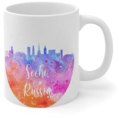 Tazza Russia Sochi da 325 ml, motivo paesaggio urbano con acquerello, idea regalo per fidanzato, fidanzata, migliore amico, in ceramica, colore bianco