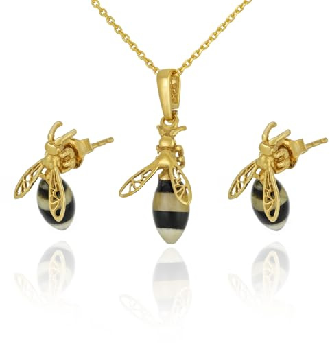 AMBEDORA Damen Schmuckset-Set Bienen mod.09s, Bunter Baltischer Bernstein, Vergoldet Sterling Silber, Vergoldete Anhänger mit Kette und Ohrringe