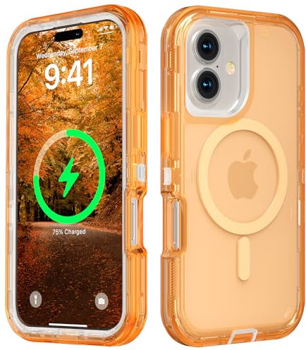 Follaroma for iPhone 16 Plus Case, Compatible with MagSafe, Dual Layer Transparent Magnetic Phone Cases, Heavy Duty Shockproof and Anti-Drop Protective Cover for iPhone 16 Plus, 6.7'', Orange