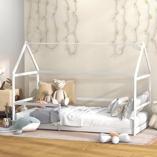 AIYAPLAY Kinderbett Baumhausbett 90x190 cm Kinderbett Kinderhausbett aus Holz mit Rausfallschutz, inkl. Lattenrost und Dach, Abm. 196L x 97,5l x 135H cm weiß
