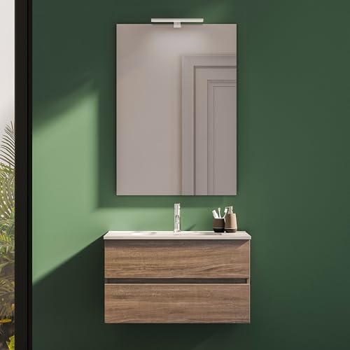 Parama Mobile Da Bagno Sospeso Mod. Yili Con Lavabo In Ceramica Profondità 46cm Specchio Filolucido Incluso (90cm, Rovere scuro)