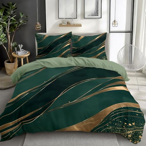 CozyRest Bettwäsche Set Dunkelgrüner Goldener Marmor Bettbezug 135 x 200 cm Salbeigrün Reversibel 3-Teiliges Set, Weich Und Bequem, Pflegeleicht, Mit Verdecktem Reißverschluss Und Kissenbezug
