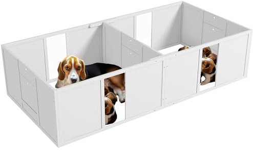 PawHut Wurfkiste für Welpen, Hundelaufstall, Welpenauslauf mit rutschfeste Bodenschoner, Tür, Hunde Wurfbox aus Holz, Welpenlaufstall für mittelgroße Hunde, 196 x 96 x 48 cm, Weiß