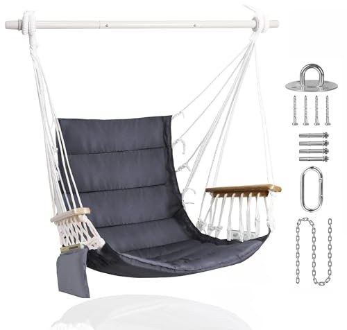 SUNWAY Hammock Chair with Wooden Armrest & Side Pocket - 350Lbs Capacity Indoor/Outdoor Hanging Swing Chair, Padded Seat with ComfortFit Design, Includes Full Hanging Kit for Patio, Bedroom, Porch