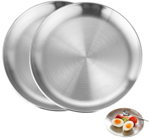 BOBOZHONG Edelstahl Rundes Geschirr,2 Stück Silber Unterteller Silber Edelstahl Teller Φ 20cm Edelstahl Teller Camping Teller Set für Esszimmer Camping Küche Party