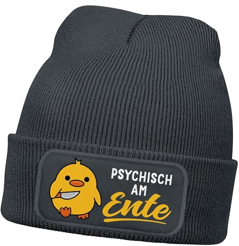 MoonWorks® Herren Beanie mit Patch Strickmütze Spruch Meme Psychisch am Ente Lustig Mütze Männer Dunkelgrau Unisize
