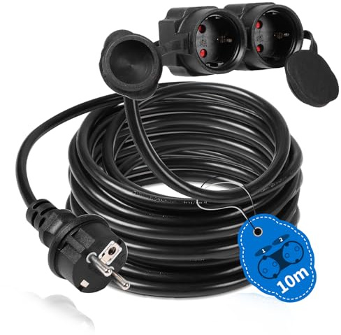 SWAWIS Verlängerungskabel Outdoor 10M 3500W Doppelstecker Außen mit Schutzkontaktstecker und Kupplung Schutzkappe Doppelsteckdose Stromkabel Außenbereich Verlängerung IP44 Wasserdicht, Schwarz