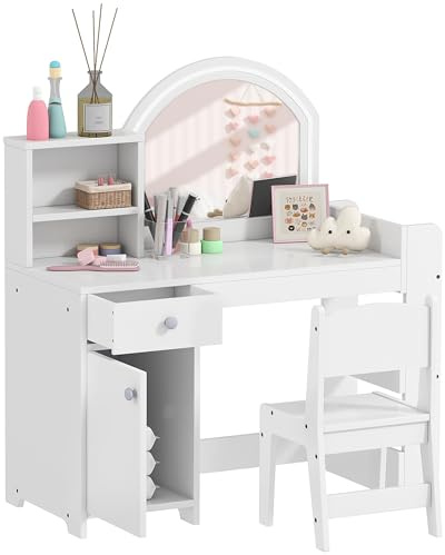 AIYAPLAY Kids Vanity Table and Chair Set, Girls Dressing Table with 2-Colour LED Mirror, Stool, Cabinet, Drawer, Bookshelf and Shelves for Ages 3-8 Years, White