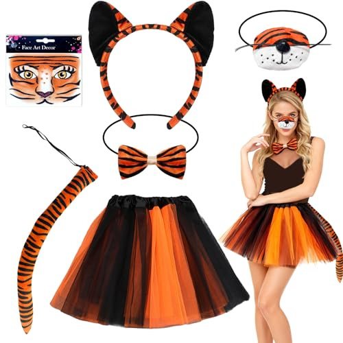 Set di 6 costumi da tigre di animali per uomini e donne, costume di animali con fascia per le orecchie, naso, papillon, , tutù, gonna, adesivo per il viso, costume di carnevale, accessorio per