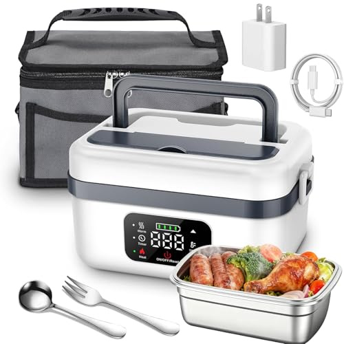 YOAOSER Electric Lunch Box,1L Large Capacity Heated Lunch Box with Touch Screen,Fast Heating Food Warmer,Portable Food Heater with Insulated Lunch Bag Spoon and Fork Suitable for Car Office (White)