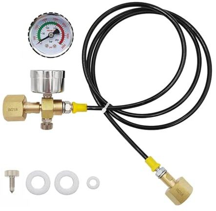 Co2 Adapter Hochdruckschlauch 1.5m mit 3500PSI Manometer, Schutzgas-Umfüllschlauch, 2 × W21.8-14 (DIN477) Messinggewinde, Überdruckventil, für Co2 Tankstellen, Argon- und Stickstoffzufuhr
