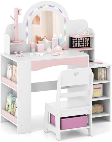 COSTWAY Schminktisch Kinder mit Beleuchtung, Kinderschminktisch mit Buntem Spiegel, Frisiertisch mit Regalen, Schmuckhalter, Bücherregal & Stoffbox, Kosmetiktisch für Mädchen ab 3 Jahren (Weiß)