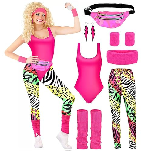 mojingder 80er Jahre Outfit Damen,Faschingskostüm Damen,90er Aerobic Outfit für Karneval Fastnacht Mottoparty,Tshirt Leggings,Rosa Tank Top,Tüllrock Bauchtasche Beinlinge Netzhandschuhe S-XL Kostüm
