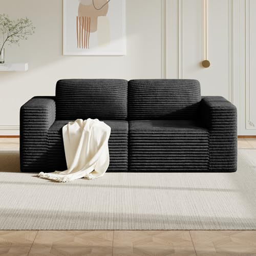 Vesgantti 202 cm Modulares Sofa 2-Sitzer, Cord Loveseat mit Federkern, Extra Tiefe Sitzfläche, Boneless Couch für Wohnzimmer, Kein Aufbau erforderlich, Rutschfester Boden, Schwarz