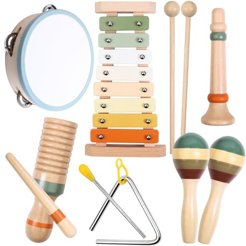 Musikinstrument för barn från 3 år, 12-delat musikset i trär | Utforska ljud och rytm med xylofon, tamburin, skallror och triangel i mjuka neutrala färger.