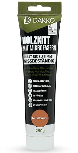 DAKKO Holzkitt 250 g Nussbaum Holzspachtelmasse mit Bambusfasern | Füllmasse zur Reparatur von Schäden und Rissen an Möbeln und Türen - für Innen und Außen, schnelltrocknend und rissbeständig