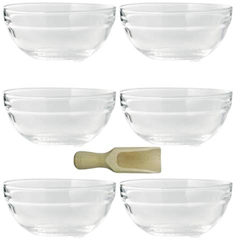 Viva Haushaltswaren Lot de 6 Petits Bols en Verre pour sauces ou Tapas Ø 9 cm Mini cuillère en Bois Incluse de 7,5 cm de Longueur