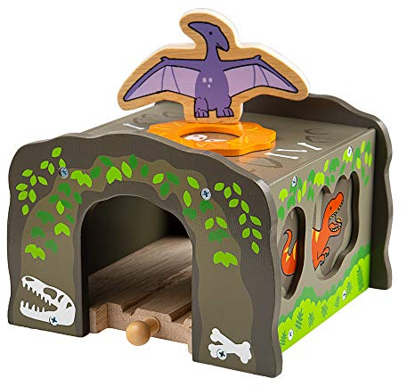 Bigjigs Rail T-Rex Dinosaur Train Tunnel | Wooden Railway Track Accessories | Dino Themed Rail Underpass Toy | Dinosaurs Expansion Figures for Tracks | Educational Toys | Gifts for Toddlers Age 3+