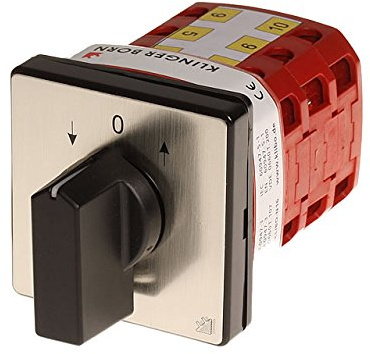 KlingerBorn KB-N16 AUF/AB-Schalter – 16A, 3-polig, 48x48mm | Wendeschalter – Schaltwinkel 30° – Blende schwarz-silber – Knebel schwarz – 400V/7,5kW – AC-3 – Made in Germany