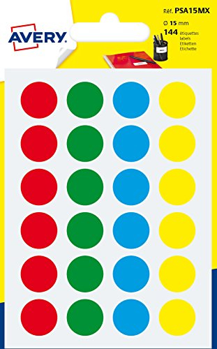Avery 144 Tabletten – Ø15 mm – Brett A6 – verschiedene Farben (psa15mx)
