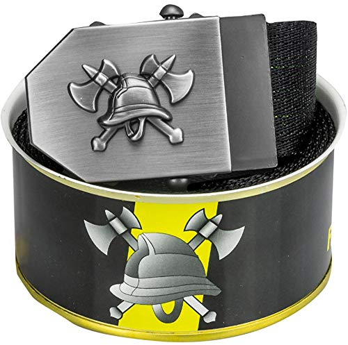 Feuerwehr-Gürtel | Emblem Flaschenöffner in Gürtel-Schnalle | Feuerwehr-Edition schwarz Signet | universal verstellbar 150cm | Männer Herren Frauen Damen Kinder | Einsatz Koppel | Geschenk-Dose